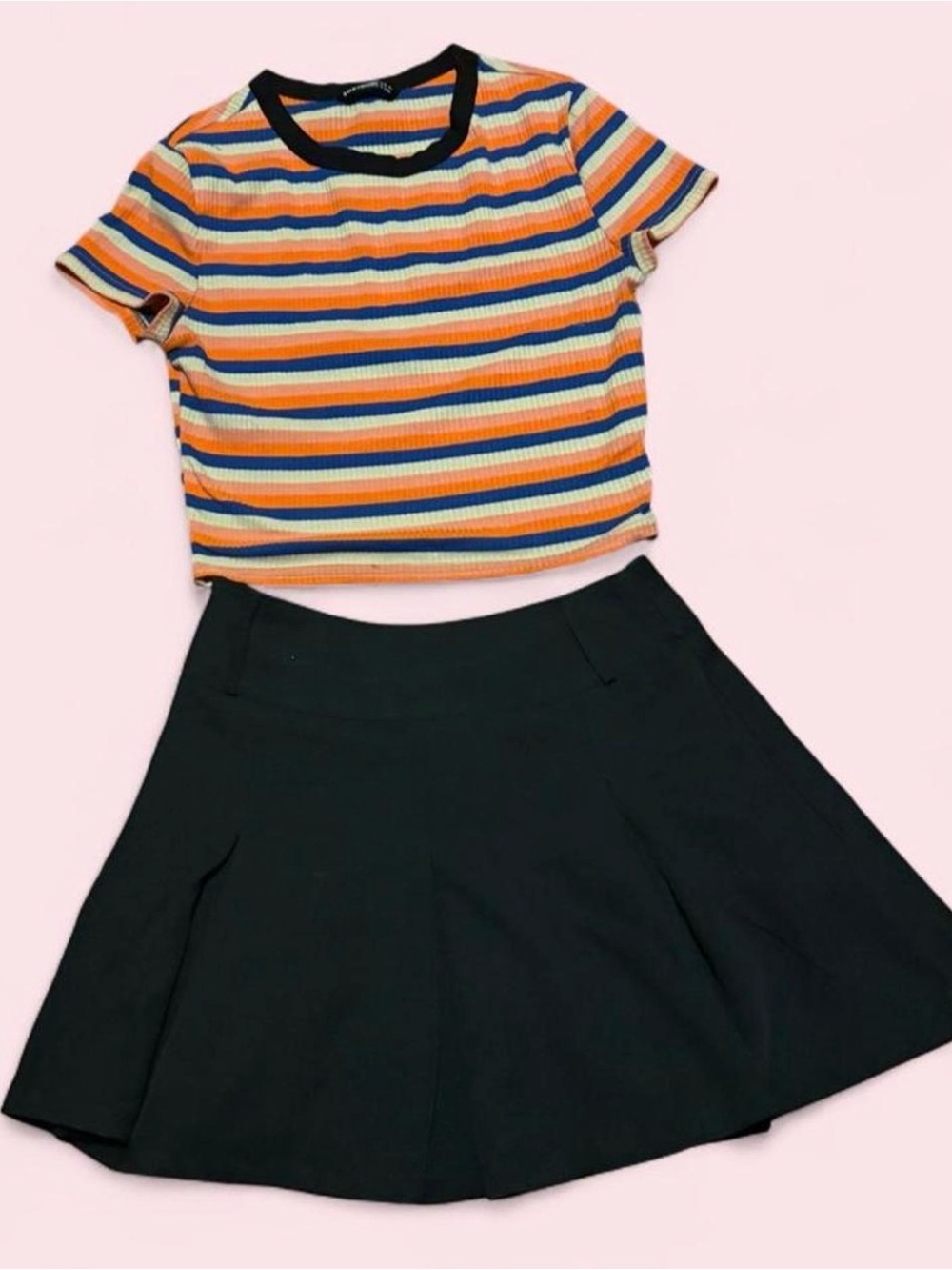 Orange, blue, and cream striped crop top and black pleated skirt set SZ. S EUC